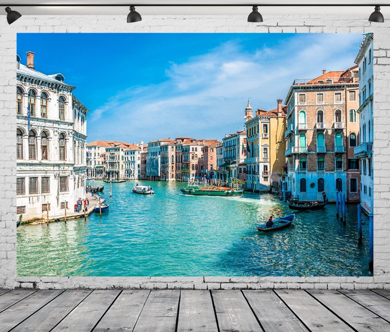 BELECO 7x5ft Fabric Venice Italy Backdrop Grand Canal Water Streets Boats Gondolas Europe Travel Photography Backdrop Italian Party Decorations Adult Game Birthday Photoshoot Photo Background Props - Image 1